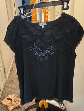 POL Black Lace-Trim Short Sleeve Blouse